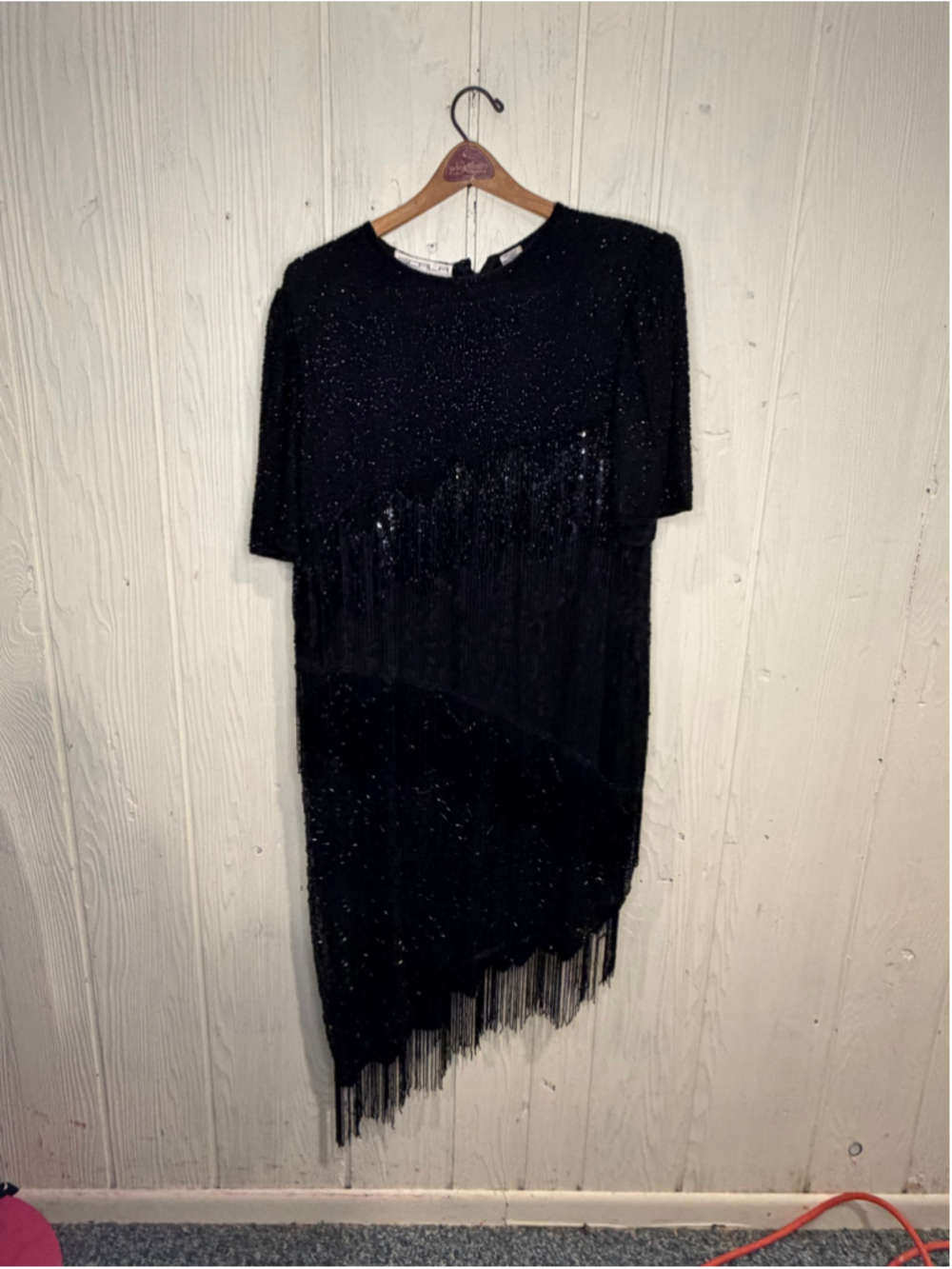 Women's SCALA VINTAGE Asymmetrical Beaded Fringe Dress, Black
